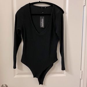 Boohoo Black Long Sleeve Ribbed Bodysuit